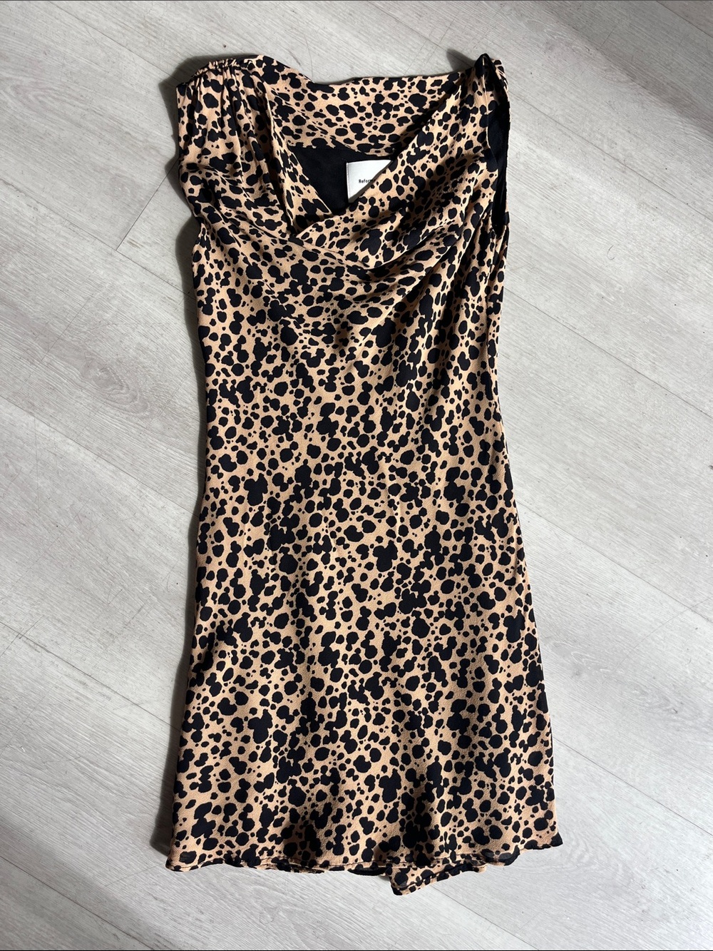 Reformation Leopard Print Cowl Neck Mini Dress in Tan and Black